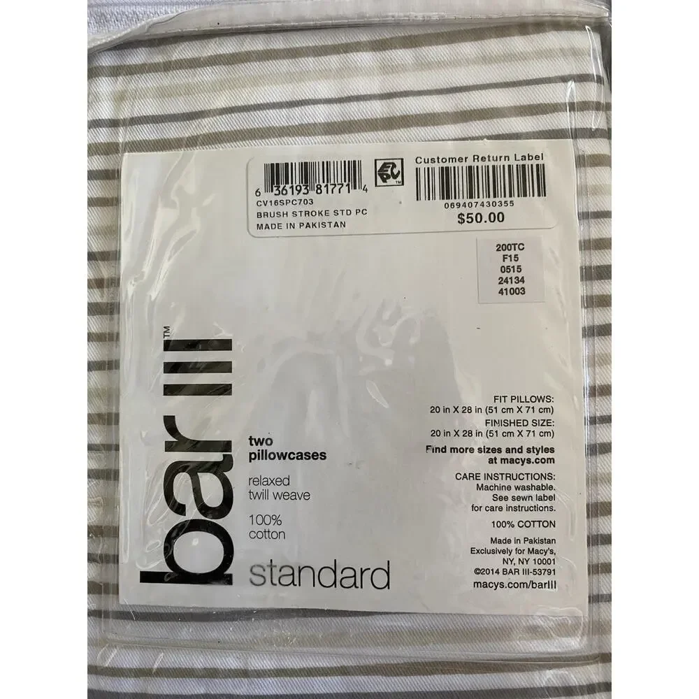 Bar III Macy's Standard Striped Pillowcases Relaxed Twill Weave Cotton orig $50